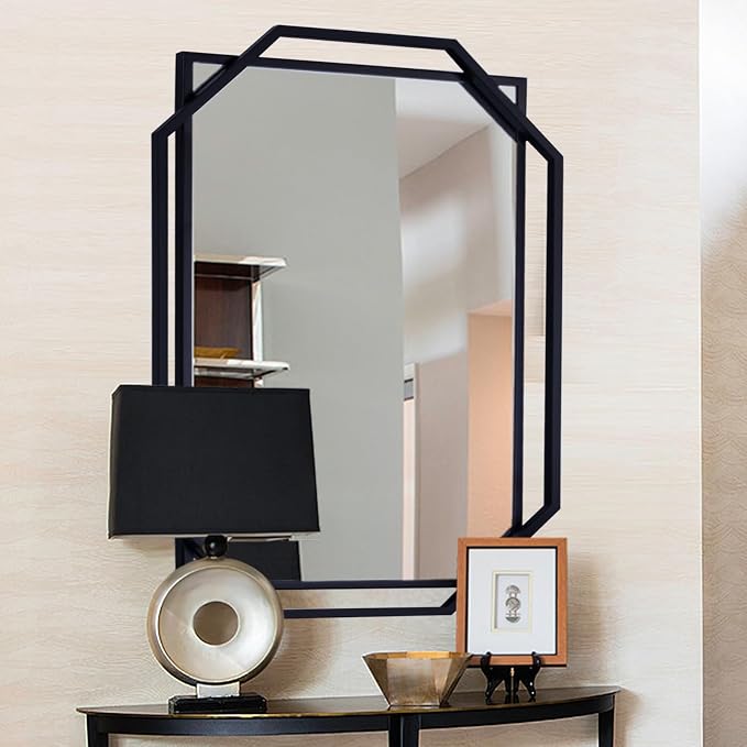 Decorative Wall Mirror, 40" x 28" Black Frame Bathroom Mirror for Wall with Modern Metal Octagonal, for Living Room, Dining Room, Entryway
