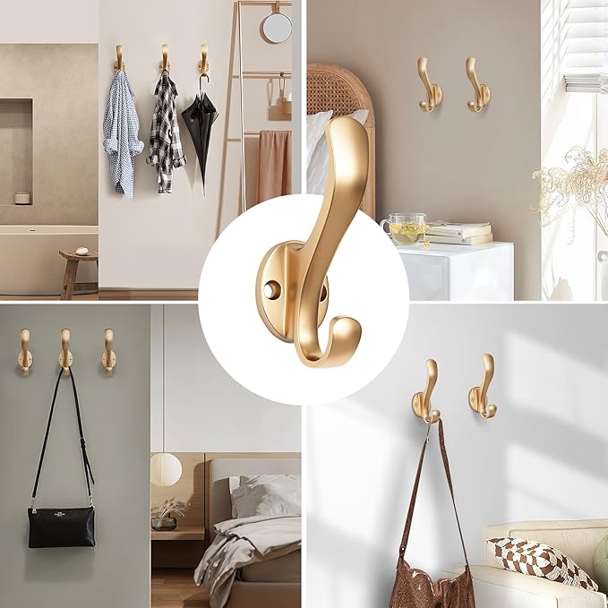 Coat Hooks Heavy Duty - Easy to Install Metal Towel Hooks Fashionable Wall Hooks for Hanging Hat, Towel, Key, Robe, Scarf, Bag, Cap (4 PCS Gold)