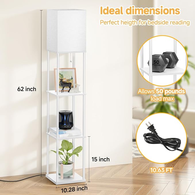 SHINE HAI Floor Lamps with Shelves for Living Room, 3-Tier Square Modern Standing Lamp with 3CCT Bulb, 11W 950LM Brightness, Tall Shelf Lamp for Bedroom, Office, Bookshelf & Display Organizer