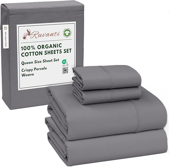 RUVANTI 100% Organic Cotton Sheets Queen Size, Percale Weave, GOTS Certified, 4-Piece Set, Deep Pocket 15", Crisp & Breathable, Soft Durable Bedding, Sábanas Algodón Orgánico – Silver Filigree