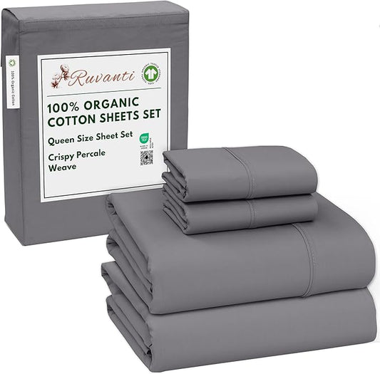 RUVANTI 100% Organic Cotton Sheets Queen Size, Percale Weave, GOTS Certified, 4-Piece Set, Deep Pocket 15", Crisp & Breathable, Soft Durable Bedding, Sábanas Algodón Orgánico – Silver Filigree