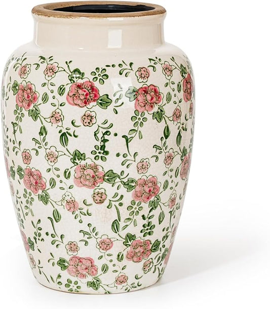 Sungmor Ceramic Flower Vase, Vintage Ice Cracked Glaze Porcelain Vase, Pretty Home Decor Vase for Flower Arrangement, Fresh Flowers, 10.2 Inch Tall Chinoiserie Pottery Vase, Pink Floral Pattern