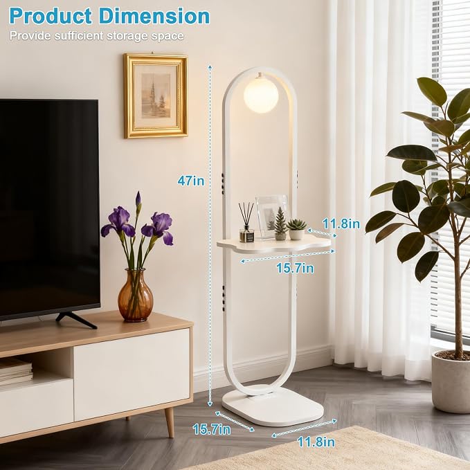 Lightdot 47-Inch Arch Floor Lamp, Modern Standing Lamp with Table, White Metal Frame with Globe Shade, Living Room Bedroom Lighting, G9 LED Bulb Included for Sofa Beside/Corner Decor