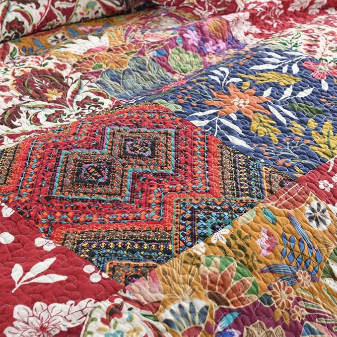 ENASAL Cotton Bedspread Quilt Sets Reversible Bedding Coverlet Sets Comforters Vintage Luxury Damask Floral Real Patchwork Burgundy Bedspread,King Size