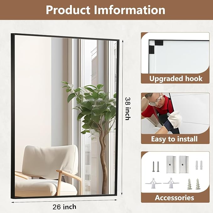 Black Bathroom Mirror, 26"x38" Rectangle Mirror, Matte Black Mirror, Metal Frame Square Corner Vanity Mirror, Wall Mounted Mirror for Modern, Living Room, Bedroom, Horizontal Or Vertical