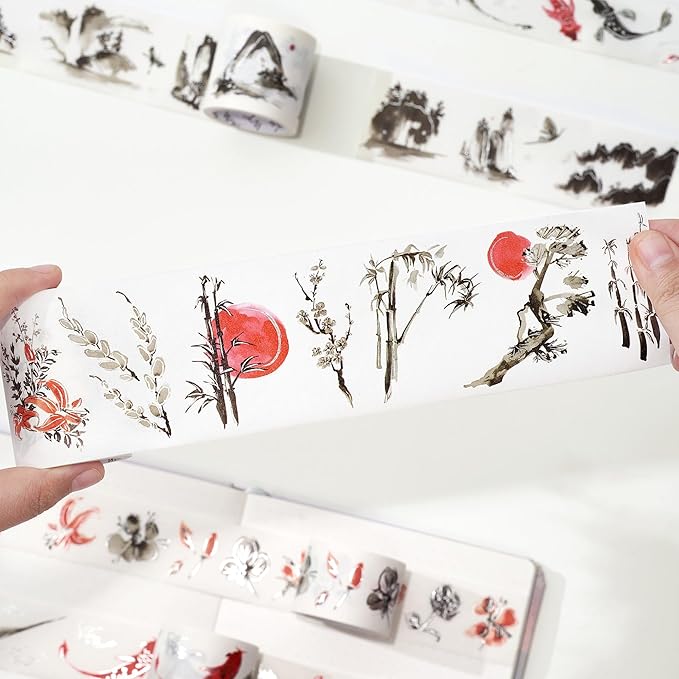 WT Ink Tranquility Washi Tape Sticker Set, 4 Rolls, Original Designs, Eastern Watercolor Koi Fish, Black & Red, Silver Foil Decorative Stickers for Bujo, Planner, Journals, DIY Crafts