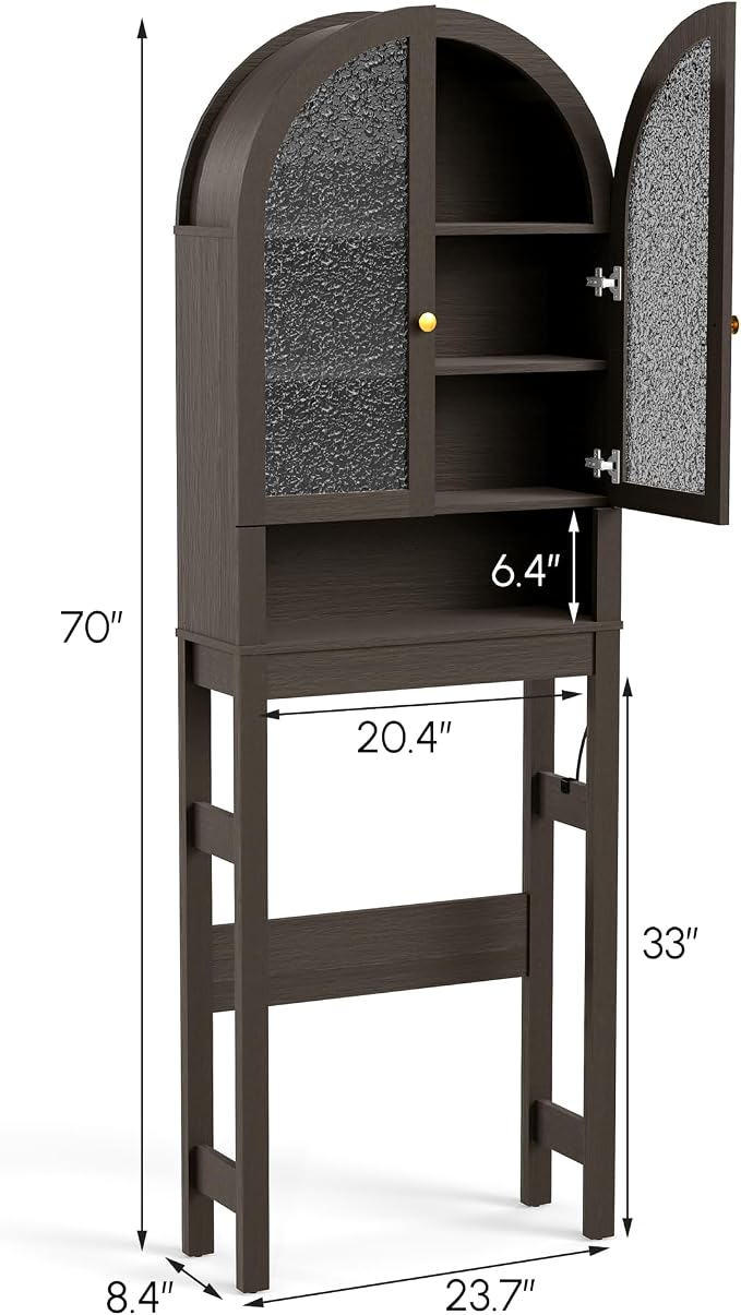 HMstone Over The Toilet Storage Cabinet, Arched Bathroom Organizer and Storage with Acrylic Doors and Adjustable Shelf, Space Saver Freestanding Bathroom Modern Storage Cabinet Over Toilet Dark Brown