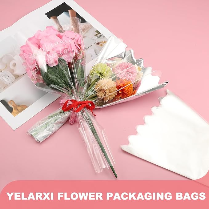 YELARXI Clear Flower Wrapping Bags, Transparent Flower Packaging Bag Waterproof Bouquet Sleeves with Lace - Fitting for (Florists/Floral Arrangements Supplies), 11.0x3.9x17.7 Inch & 100Pcs