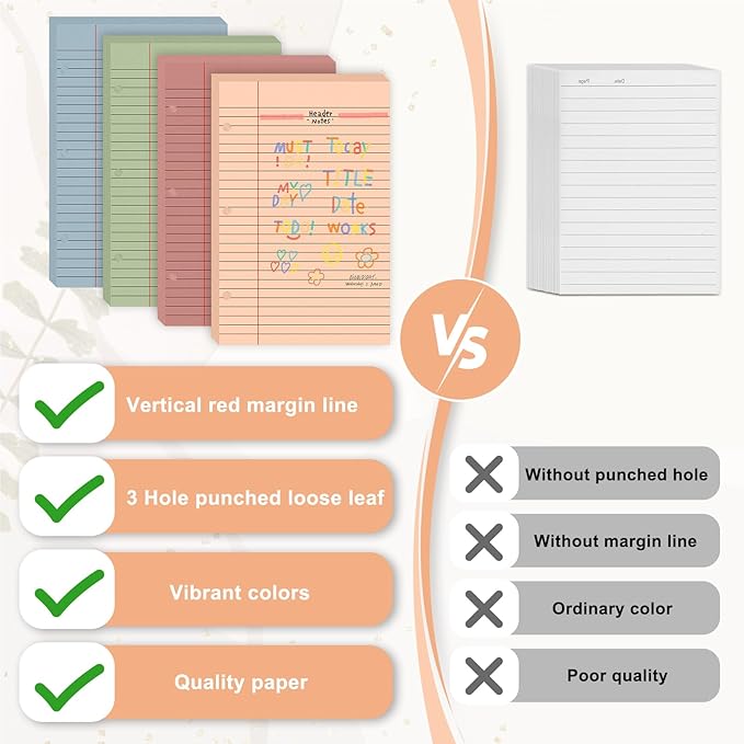 100 Sheets Half Letter Lined Paper 5.5 X 8.5 In Colored Notebook Paper College Ruled Loose Leaf Paper 3 Hole Punched Half Mini Binder Inserts Fit 3 Ring Binder for School Office