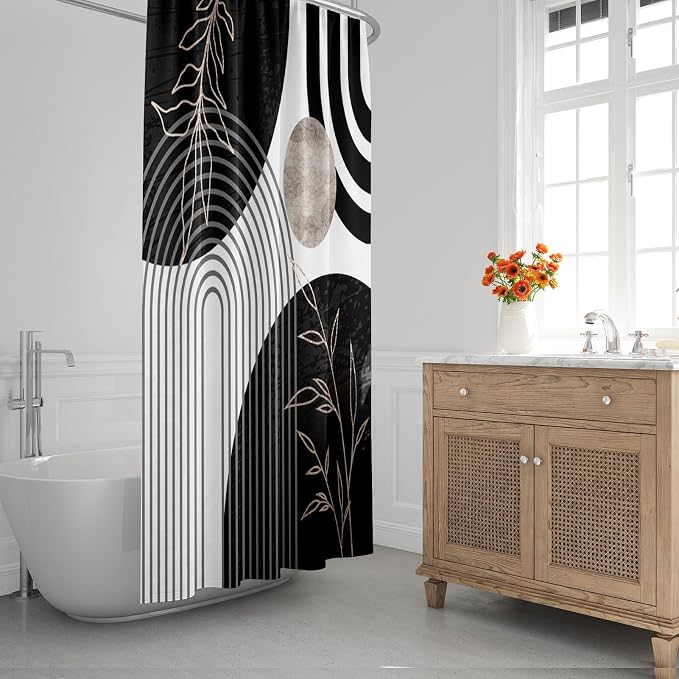 Emvency Shower Curtain Boho Palm Leaves Bohemian Mid Century Botanical Sun Modern Aesthetic Arch Curve Black Bathroom Home Decor Waterproof Polyester Fabric 72 x 72 inches Set with Hooks