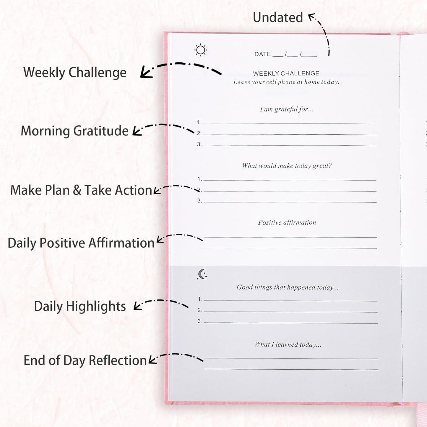 Thboxes Daily Gratitude Journal - Undated 5-Minute Journal for Happiness & Mindfulness | Light Pink, 8.4 x 5.7 Inch