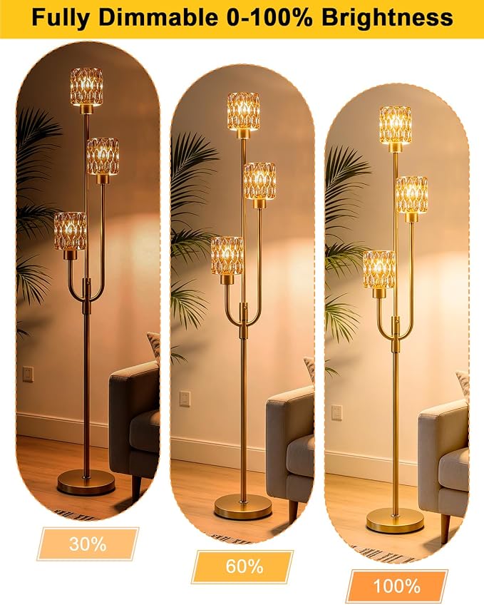 66IN Glass Floor Lamp 3-Lights Modern Gold Dimmable Floor Lamps with 3000K Warm White Bulbs for Wedding Party Modern Standing Tall Lamp with Amber Glass Shade for Living Room/Bedroom/Home Decor