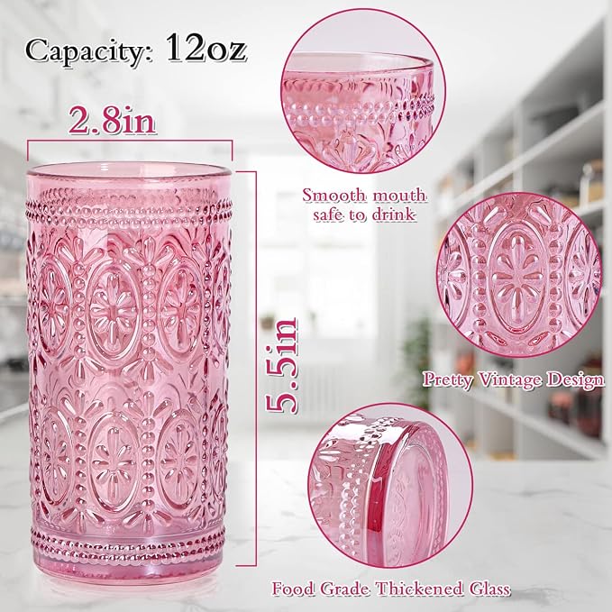 Darlion 6 Pack Pink Glassware Drinking, 12oz Highball Embossed Beverage Glass Cup, Vintage Drinking Glasses, Colored Water Glasses for Party Wedding Home Office and Gift