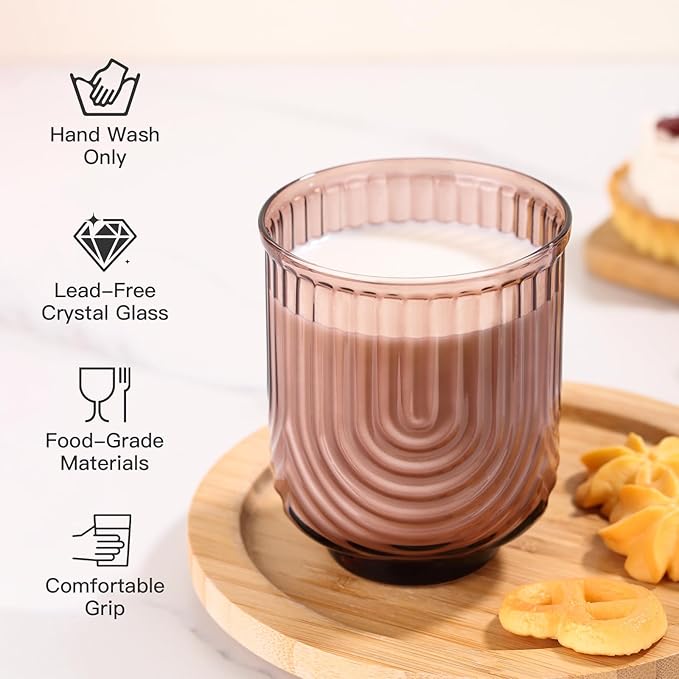JOVGANK Amber Vintage Drinking Glasses Set of 6-14Oz Brown Glass Drinking Glasses, Art Deco Ripple Highball Glass, Whiskey Cocktail Glasses for Bar Coffee Juice, Housewarming and Mother's Day Gift