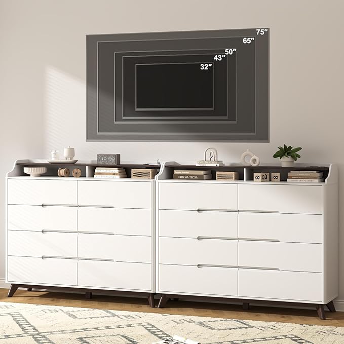 Dresser for Bedroom with 8 Drawers, 55" Large Dresser & Chest of Drawers with Charging Station, Wood Closet Clothes Storage Tall Dressers Organizer for Bedroom Living Room Hallway, White