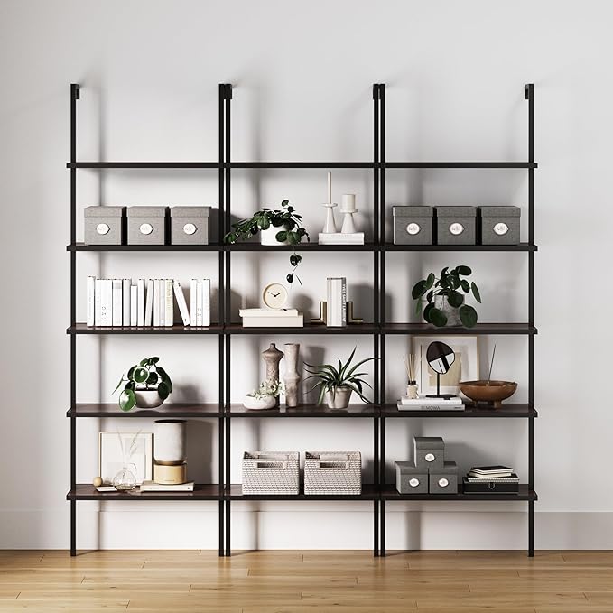Nathan James Theo 5-Shelf Wood Modern Bookcase, Open Wall Mount Ladder Bookshelf with Industrial Metal Frame, Walnut Brown/Black, Set of 3