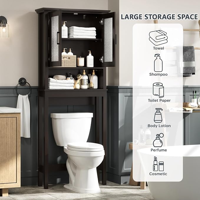Over The Toilet Storage Cabinet, Over Toilet Bathroom Organizer with Glass Doors and Adjustable Shelf, Thicken Frame Above Toilet Storage Cabinet Behind Toilet Bathroom Organizer, Espresso