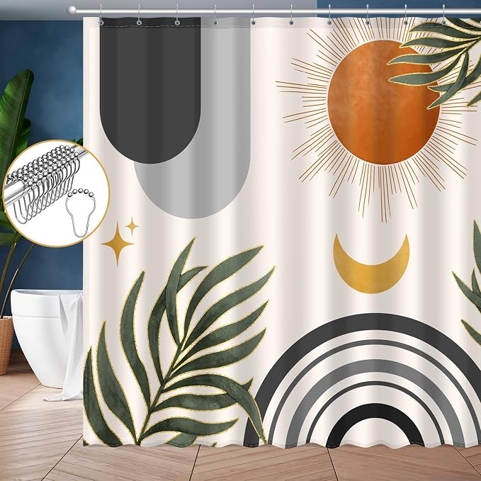 Boho Mid Century Shower Curtain, Bohemian Minimalist Simple Aesthetic Modern Bathroom Decor, Colorful Rainbow Sun Moon Natural Botanical Leaves Fabric Cloth Bath Curtain (Boho Black, 84x72 Inches)