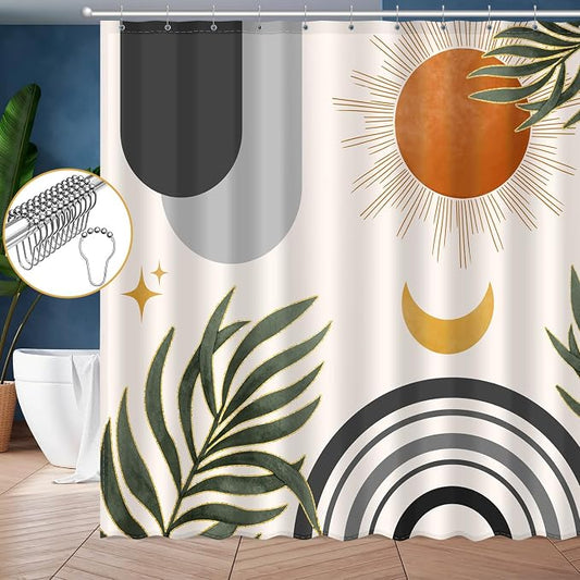 Boho Mid Century Shower Curtain, Bohemian Minimalist Simple Aesthetic Modern Bathroom Decor, Colorful Rainbow Sun Moon Natural Botanical Leaves Fabric Cloth Bath Curtain (Boho Black, 84x72 Inches)