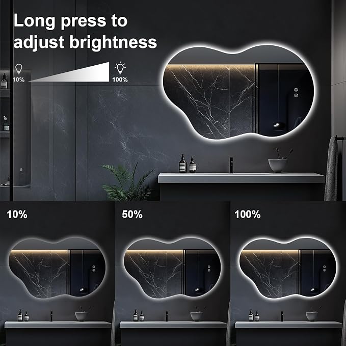 48"x30" Irregular LED Lighted Vanity Mirror for Bathroom, Backlit Only, Anti-Fog, 3-Color Dimmable Lighting, Wall Mount [Horizontal/Vertical]