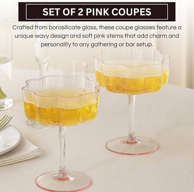 Khen Flower Vintage Wavy Petals Wave Glass Coupes 7oz Colorful Martini, Champagne & Cocktails - 2 Set - Rippled & Champagne Glasses, Bar Glassware Copyright Design (Pink)