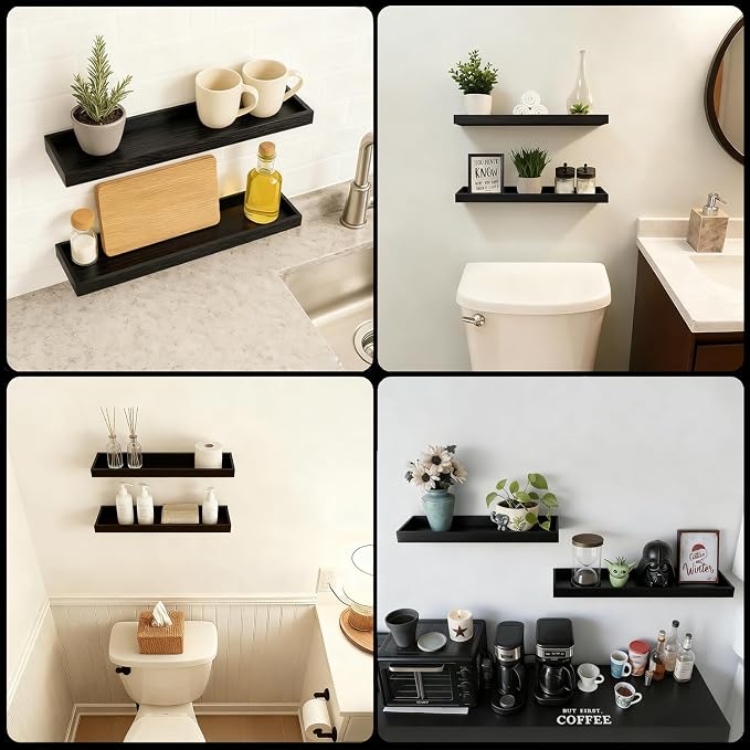 2 Pack 23.6 in Black Floating Shelves for Wall, Wooden Wall Shelves for Bedroom Living Room Kitchen, Modern and Rustic Bathroom Shelves with Raised Lip, Decor Floating Shelf for Storage Display