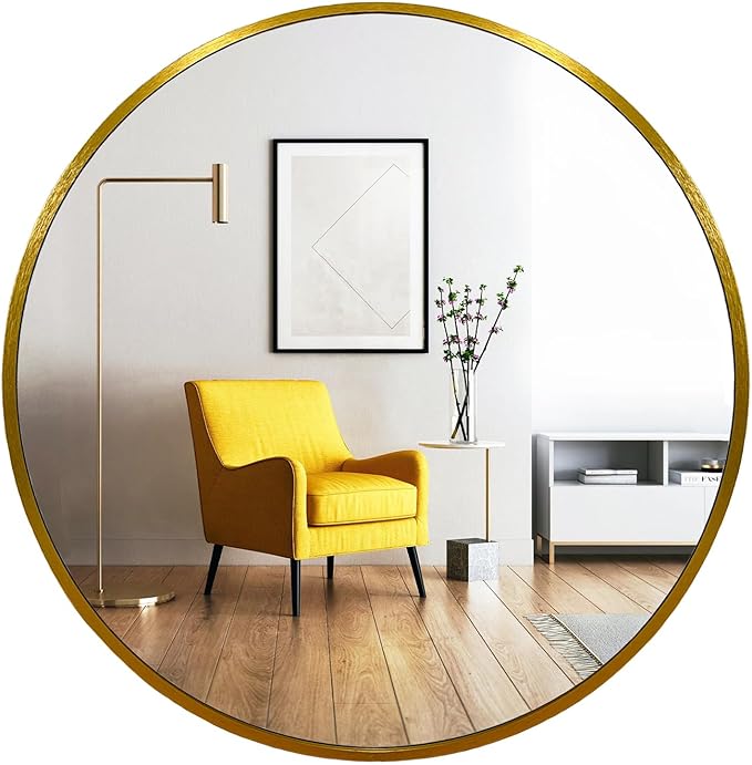 Oruii Gold Round Mirror, Golden Round Mirror 24 inch, Circle Wall Mirrors Metal Frame, Brass Circular Mirrors for Bathroom, Wall, Living Room, Entryway, Hallway, Vanity, Rustic
