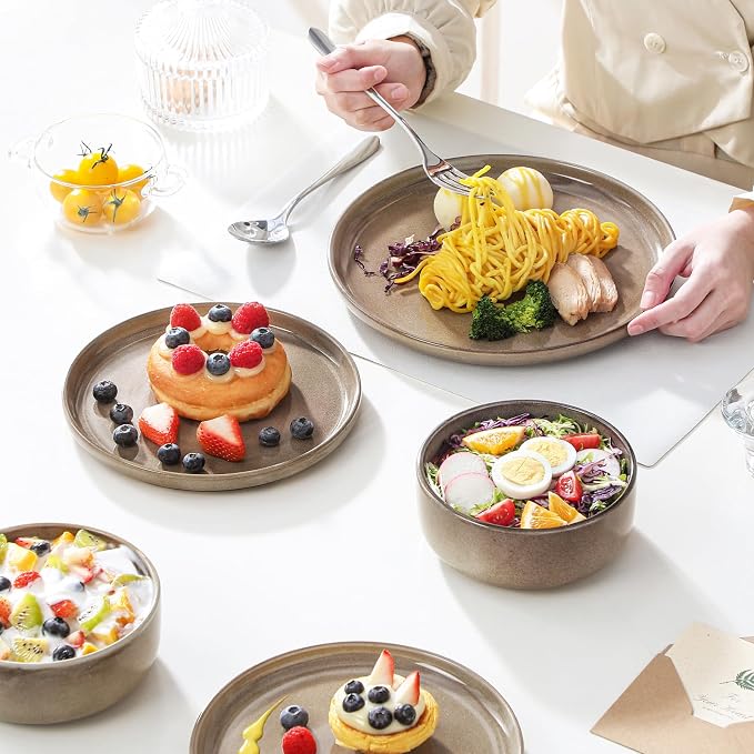 vancasso PLAYA Plates and Bowls Sets, 24 Pieces Dark Brown Dinnerware Sets for Kitchen, Reactive Glaze Dishes Set for 8, Dishwasher and Microwave Safe