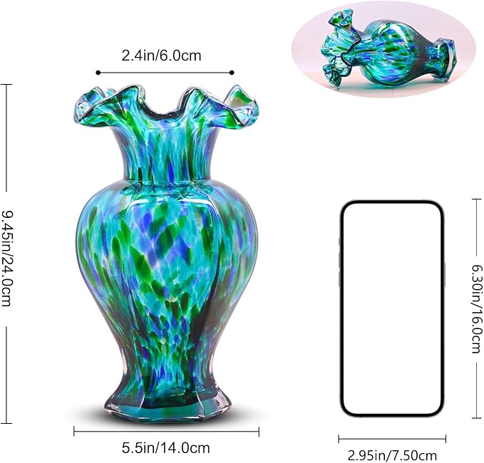 LCCCK 9.5" Tall Teal Blue Glass Vase Beautiful Hand Blown Glass Decor Flowers Vases for Centerpieces, Modern Murano Glassde Art Teal Vase, for Home Decor Table Entryway Wedding Decoration