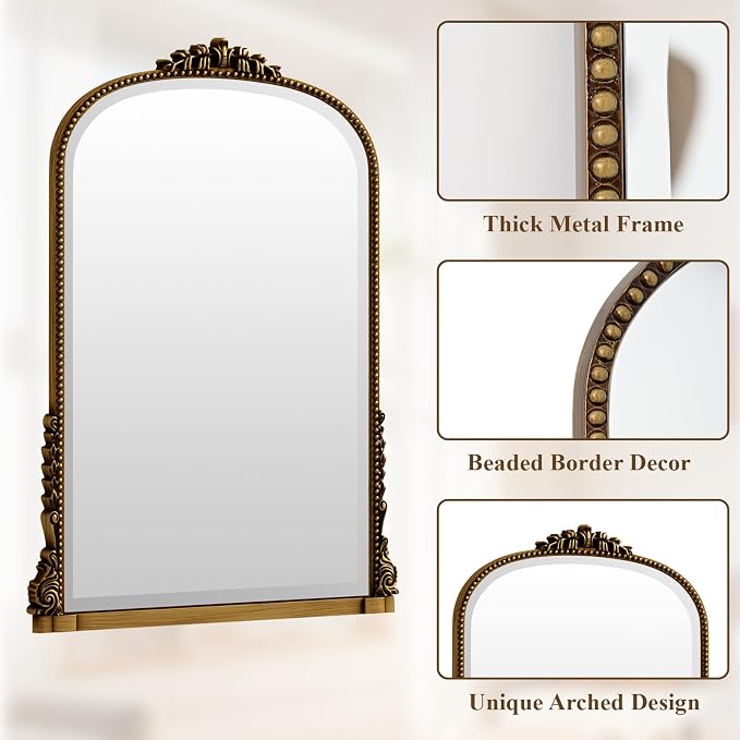 28"×40" Gold Wide Arched Wall Mirror, Vintage Carving Bathroom Vanity Makeup Mirror, as Wall Decor Hanging Leaning for Fireplace Mantle, Living Room, Bedroom, Vanity Area