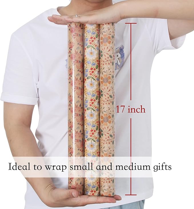 Aimyoo Kraft Floral Wrapping Paper Bundle, Vintage Spring Flowers Rose Gift Wrap Paper for Wedding Bridal Shower Birthday, 3 Rolls 17 in x 12 ft per Roll