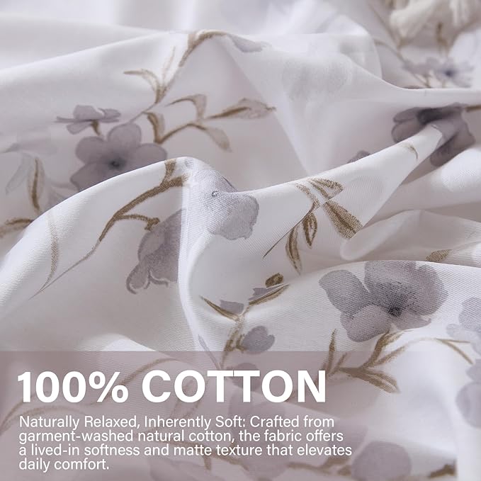 Floral Duvet Cover Queen Size - 100% Nature Cotton Reversible Grayish Flower Bedding Set with Zipper Closure, 3 Pieces Soft & Breathable Beige Comforter Cover
