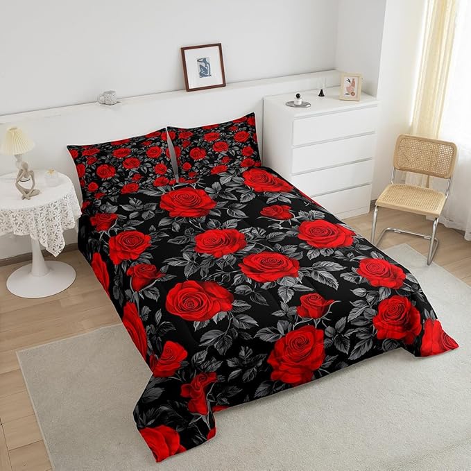 Castle Fairy Kids Red Flowers Comforter Set Twin Size,Rose and Grey Leaves Print Quilt Set for Kids Boys Bedroom Decor Xmas Gift,Gothic Floral Plant Theme Polyester Bedding Set with 1 Pillowcase