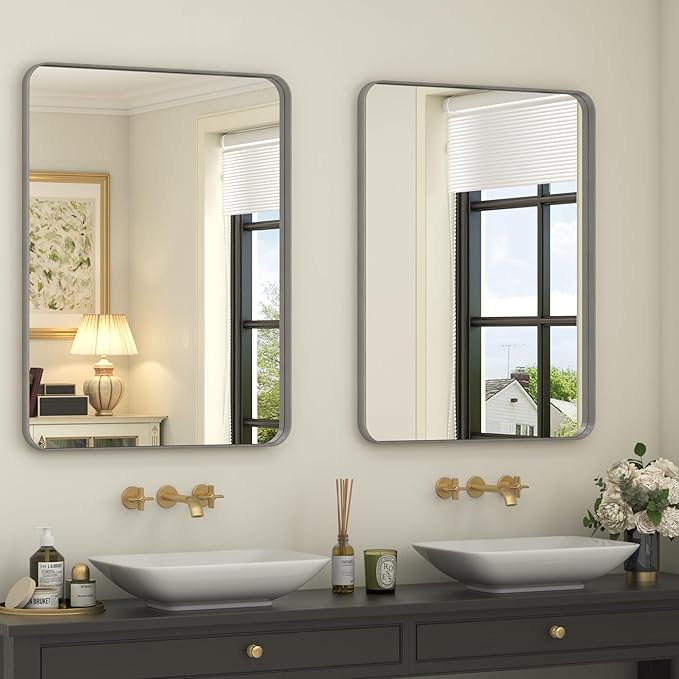 2 Pack of 22x30 Inch Silver Brushed Nickel Bathroom Mirror for Wall, Rounded Rectangle Silver Framed Bathroom Vanity Mirror, Anti-Rust, Shatterproof, Hangs Horizontally or Vertically