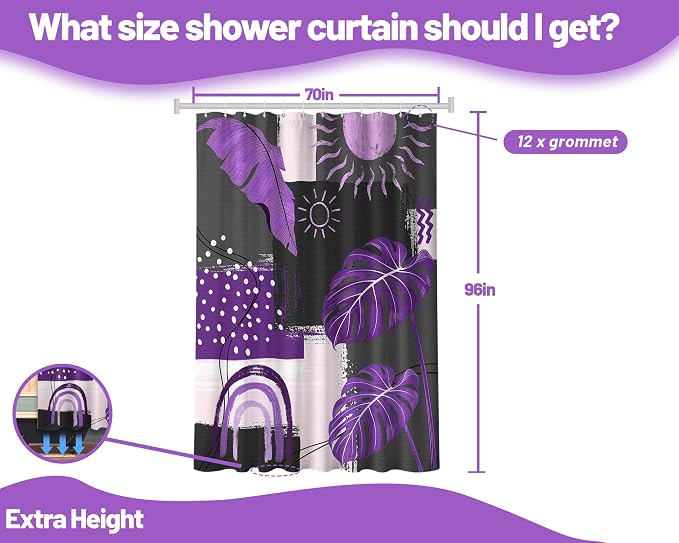 Extra Long Shower Curtain 96 Inchs Extra Tall Purple and Gray Mid Century Modern XL Abstract Shower Curtains for Large Bathroom Decor Sets, Waterproof Cloth Fabric with Hooks, 70 x 96 Inch
