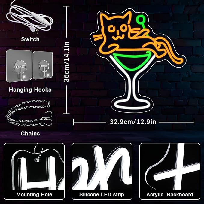 Cat Martini Neon Sign Cat LED Wall Light Yellow Animal Neon Lights for Bar Dimmable Cocktail LED Neon Signs for Kitchen, Home Decor, Cocktail Lounge, Cat Lover Gift