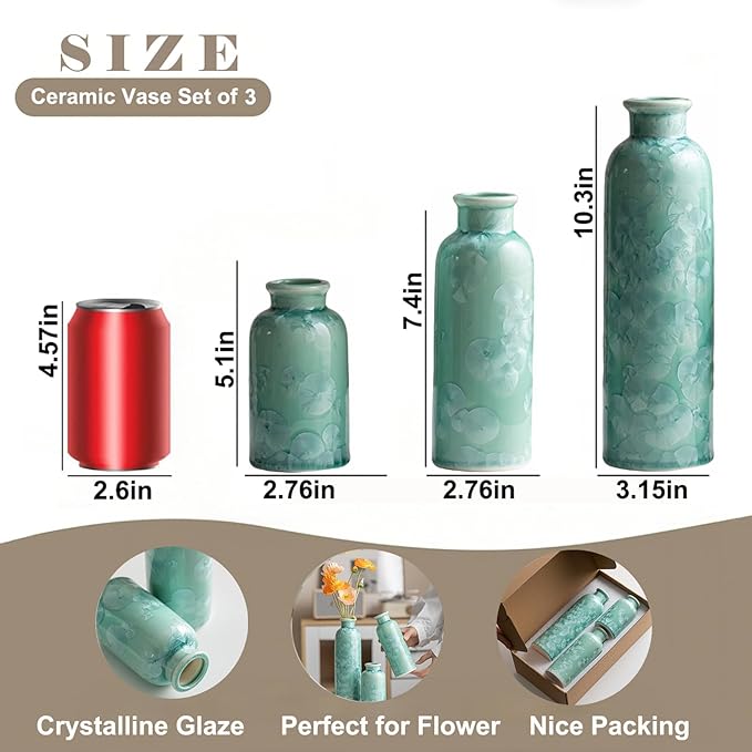 Modern Ceramic Vase Set of 3, Green Crystalline Glaze Colors, Decorative Bottles for Home, Farmhouse Rustic Decor Housewarming Gifts, Wedding Gifts, Birthday Gifts for Women(Crystalline Glaze Green)