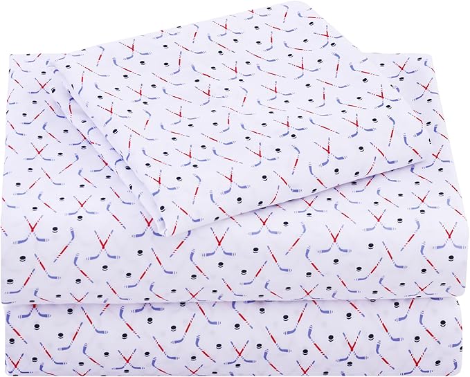 Viviland 3 Pieces Boys Sport Ball Twin Sheet Set - Soft Microfiber Fitted Flat Sheets & Pillowcase - Hockey Bedding Sets - for Kids & Toddlers