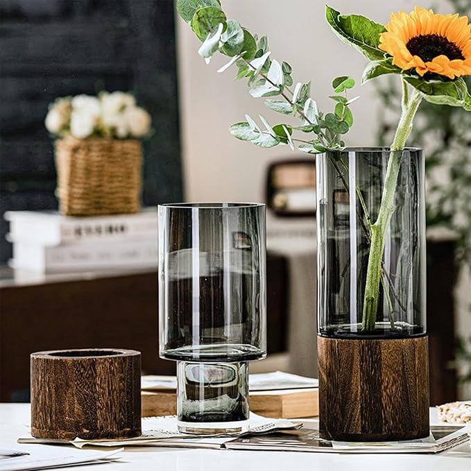 Wooden Vase, Glass Vase with Wooden Base Cylindrical Flower Vase, Classic Boho Rustic Style for Fireplace Bedroom Kitchen Living Room Centerpieces Office Desk, 10" H (Glossy)