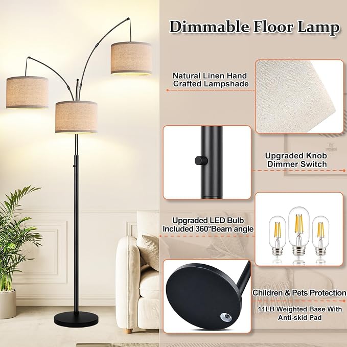Dimmable Floor Lamp, 3 Lights Black Arc Floor Lamps for Living Room, Modern Tall Standing Tree Lamp with Linen Shade & Heavy Base, Large Floor Lamp for Bedroom Office, 3x1000 LM LED Bulbs Included