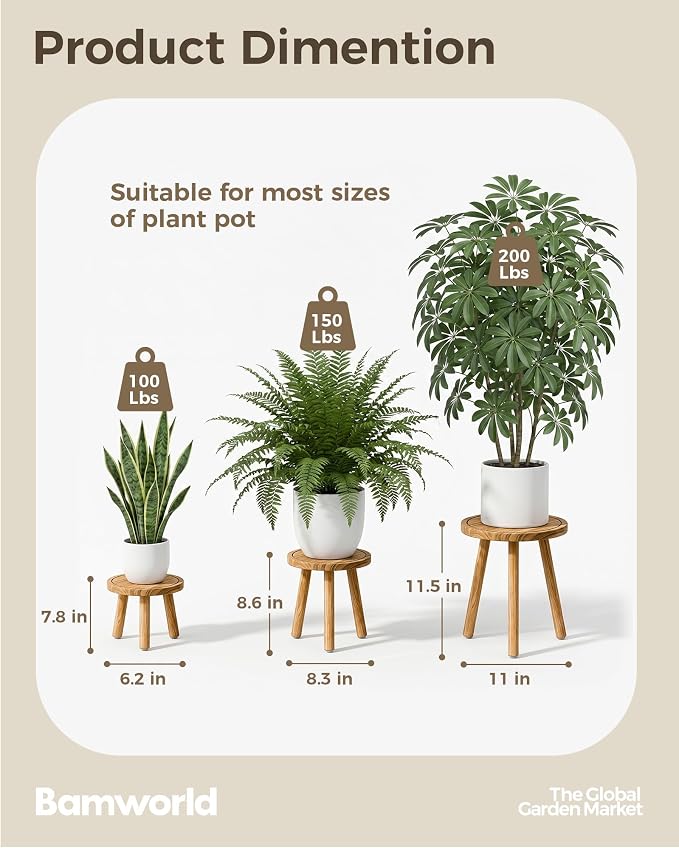 Bamworld 3 Pack Plant Stand Indoor Single Plant Stand for Multiple Plants Corner Plant Stool Wooden Plant Stands for Patio Garden Balcony Living Room Bedroom(Nature)