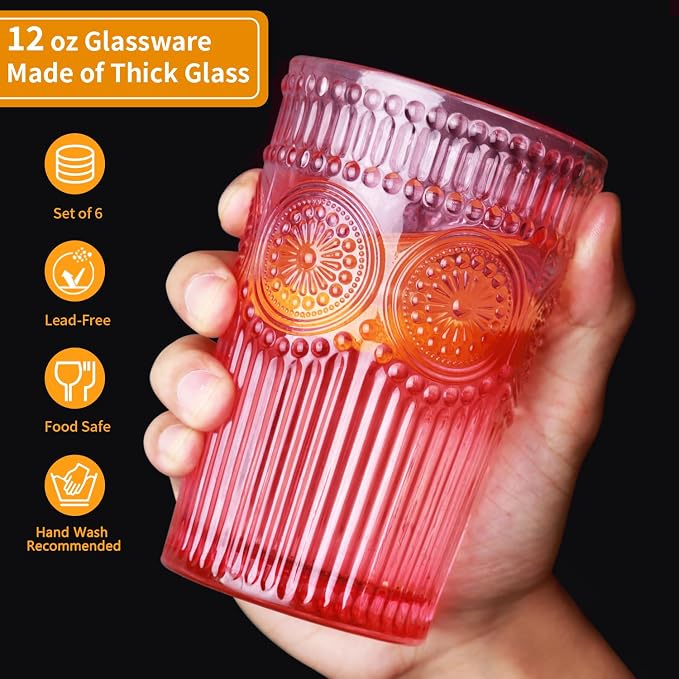 Loivttvv 6pcs Vintage Drinking Glasses Set, 12 oz Pink Highball Glasses, Embossed Ribbed Glassware Cups for Cocktail, Water, Juice, Coffee, Whiskey