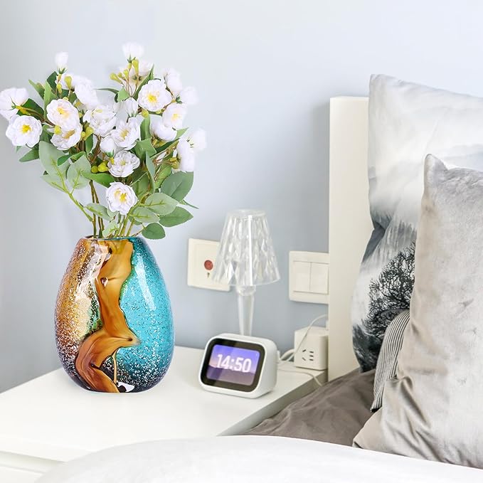 Pretty Hand Blown Glass Vase, Colored Glass Flower Vases Home Decor, Amber and Teal Decorative Murano vase for Living Room Office Bedroom Coastal Table Centerpieces Gift