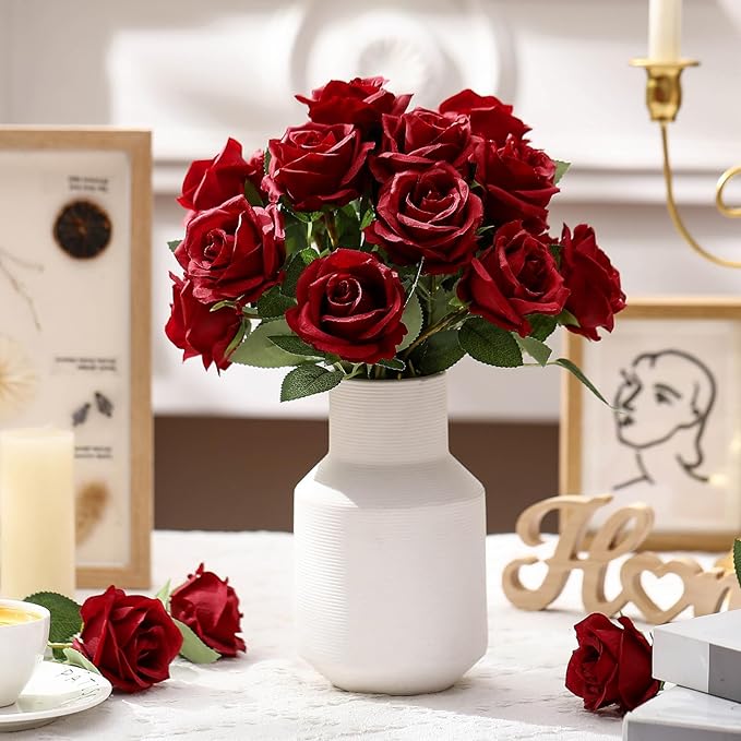 30 Pcs Rose Artificial Flowers in Bulk Real Touch Long Stem Silk Roses Bouquets Realistic Faux Flowers for Wedding Bridal Shower Home Decor Floral Arrangements Table Centerpiece(Burgundy)