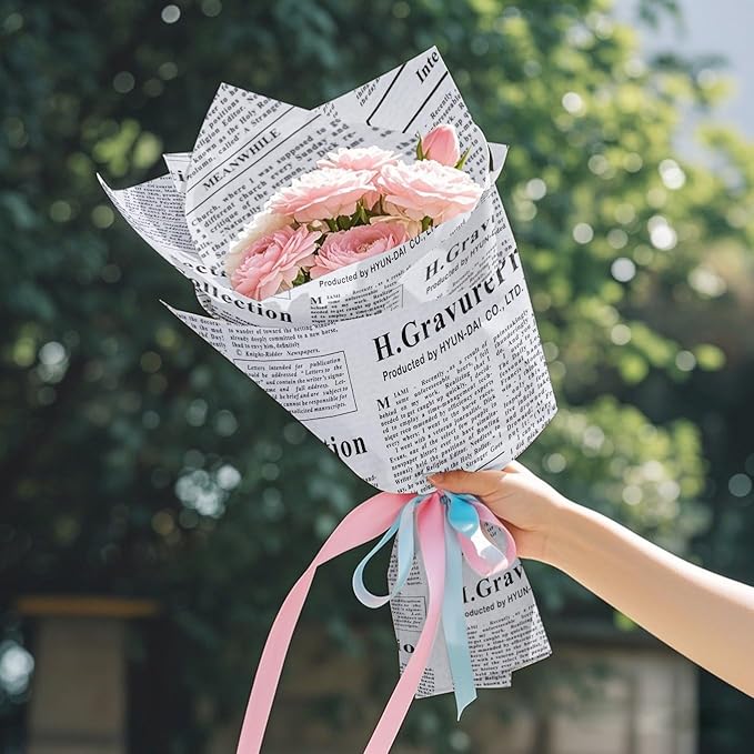 WRAPAHOLIC 20 Sheets Flower Wrapping Paper - 19.6 x 27.5 inch Retro Lettering Floral Bouquet Wrapping, Florist Supplies Packaging Paper for Wedding Gift DIY