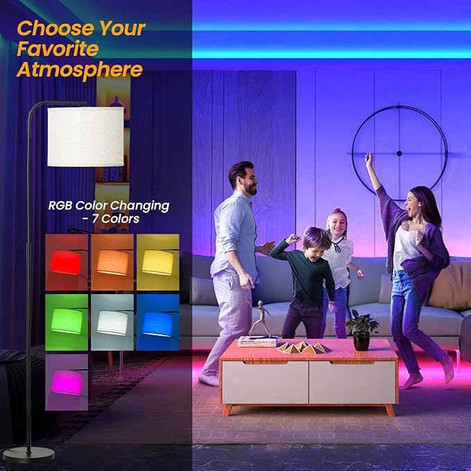 Remote Floor Lamp for Living Room and Bedroom - Modern RGB Standing Lamps Tall with Led Blub and Dimmable Light - Black Arc Room Lights with Shade for Home Decor Office Corner and Reading ( Black+RGB)