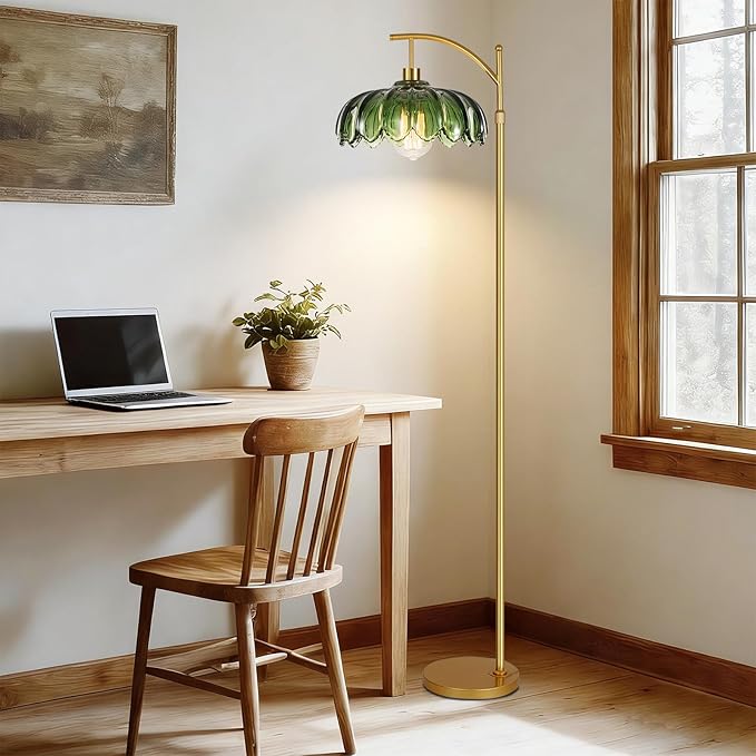 QIYIZM Glass Floor Lamp for Living Room,Bedroom,Gold Dimmable Standing Lamp with Remote,Mid Century Modern Brass Tall Lamp Boho Vintage Retro Floor Lamps Arc Green Flower Floor Light Lamp Bohemian