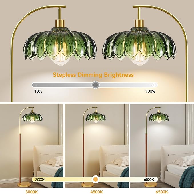 Wood Floor Lamps for Living Room,Gold Floor Lamp with Remote Control & Glass Lampshade,Arc Flower Lamp Dimmable Mid Century Modern Standing Lamp Vintage Farmhouse Tall Floor Lamp For Bedroom Corner