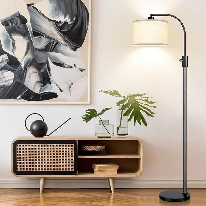 Nintiue Upgraded Modern Arc Dimmable Tall Standing Floor Lamp with Linen Shade, 1200 Lumens LED Bulb Included, for Living & Reading Room, Bedroom, Office & Nursery, Matte Black