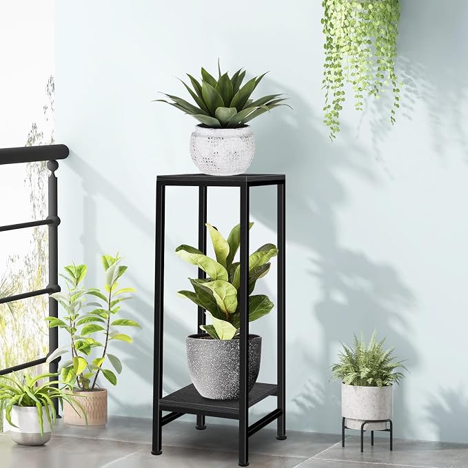 Plant Stand Indoor, Tall Plant stands for Indoor Outdoor Plants, 2 Tier Heavy Duty Plant Shelf 31" Metal Pedestal Stand Modern Corner Flower Stand for Patio, Living Room, Balcony(Black)
